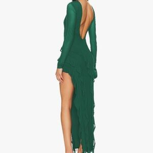 long sleeve mesh open back ruffle maxi dress